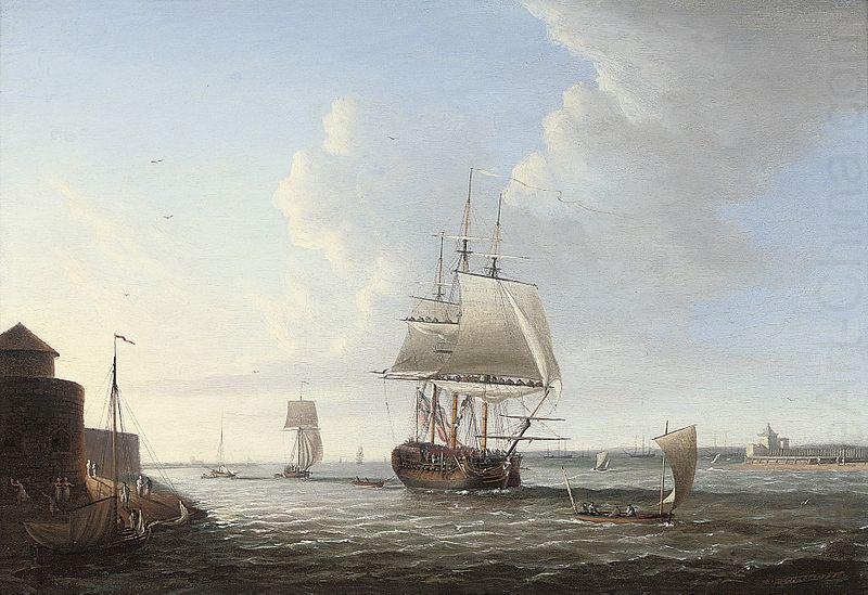 An English man-o'war shortening sail entering Portsmouth harbour, with Fort Blockhouse off her port quarter, Dominic Serres
